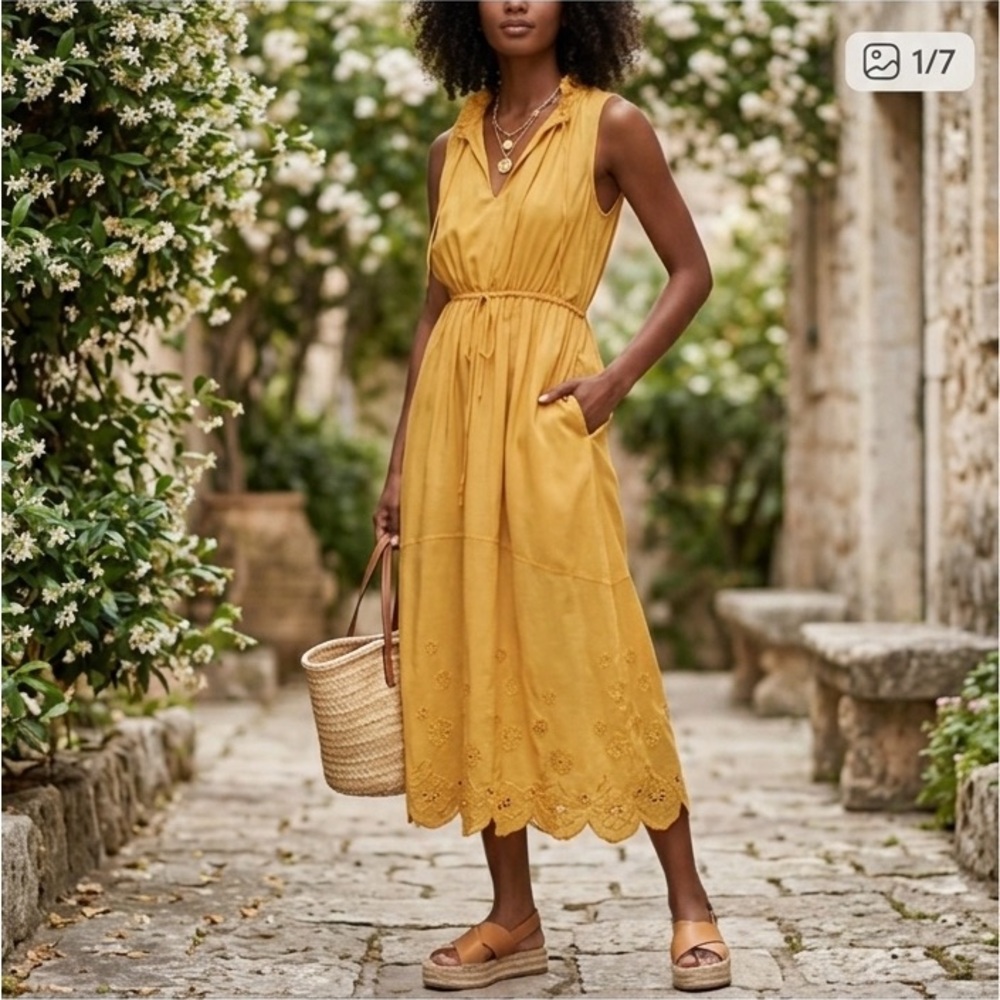 See By Chloe Mustard Yellow Sleeveless Eyelet Midi Dress 38